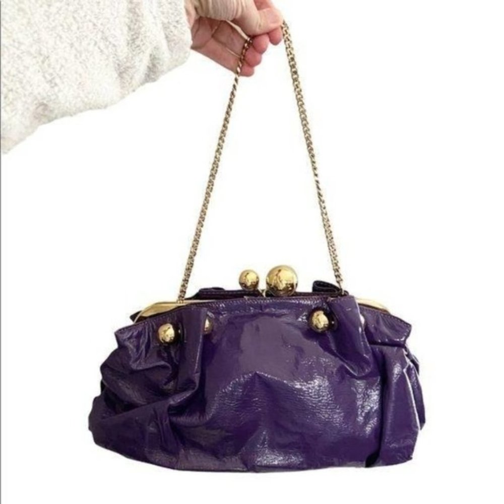 Stella McCartney purple vegan crinkle patent leather kisslock chain clutch